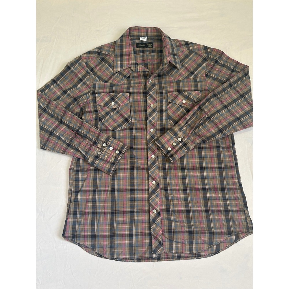 Vintage David Gregg Mens Pearl Snap Western Plaid Shirt Brown Pink L RN65085